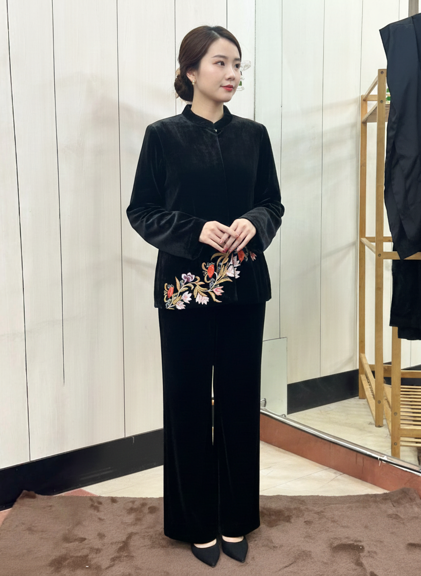 Lush Silk Velvet Jacket with Delicate Resham Thread Work