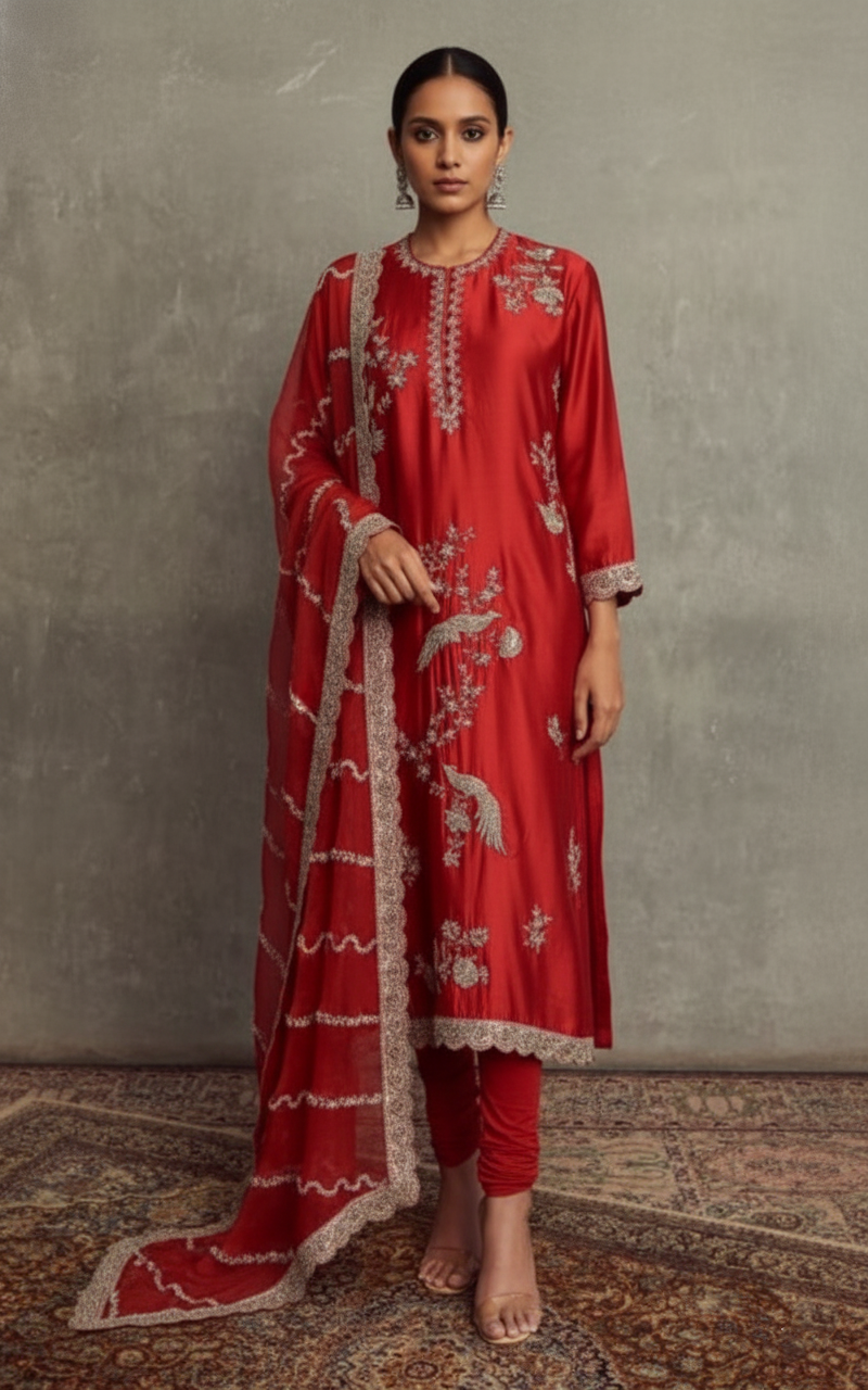 Satin Silk Suit with Churidaar and Zardozi Work