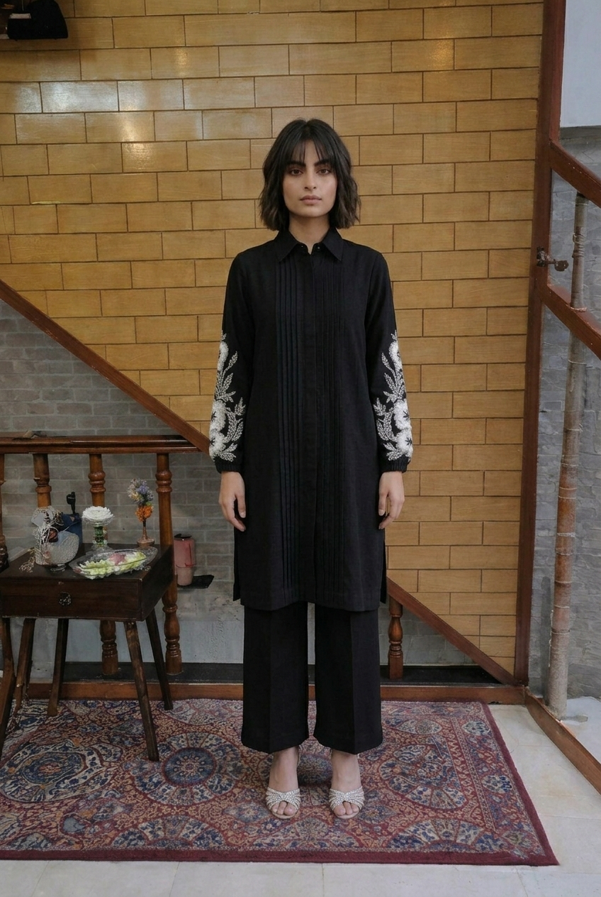 Classic Black Two-Piece Set with Contrast Cuff Detailing