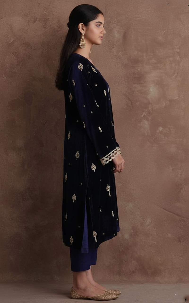 Opulent Silk Velvet Zardozi Attire