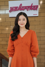 Rust Orange V-Neck Button-Front Midi Dress with Puff Sleeves
