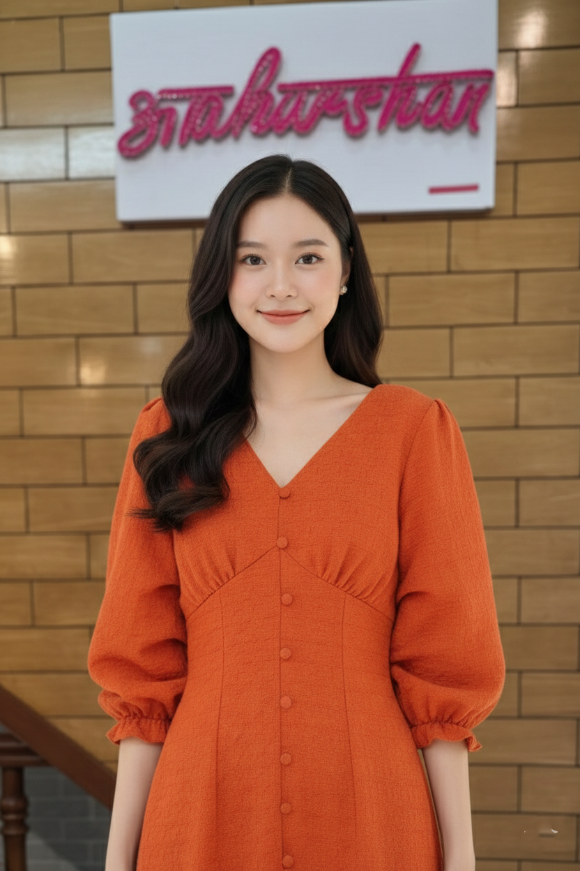 Rust Orange V-Neck Button-Front Midi Dress with Puff Sleeves