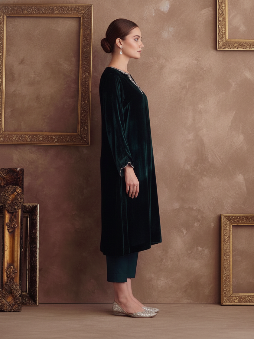 Handcrafted Resham Detail Silk Velvet Suit