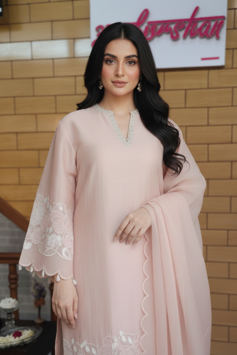 Soft Pink Cotton Elegant Kurta Set with Sheer Dupatta