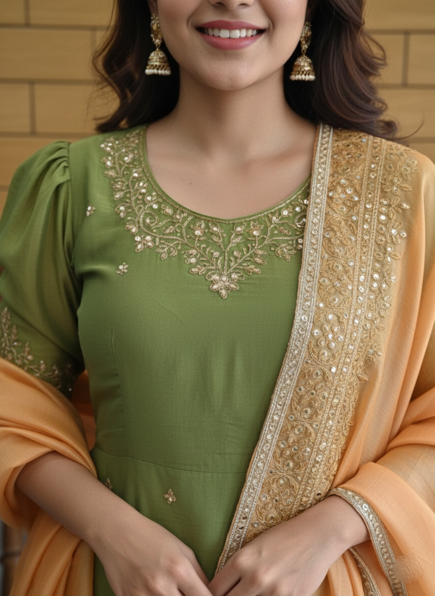 Regal Green & Gold Silk Tissue Zari-Zardozi Embroidered Palazzo Suit with Dupatta
