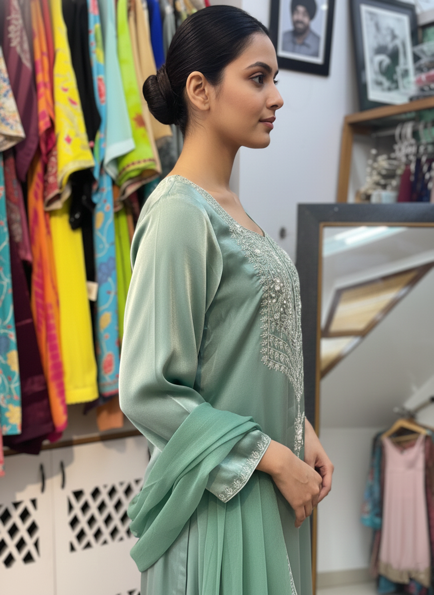 Sheer Tissue Suit Featuring Detailed Dori Work Embellishment