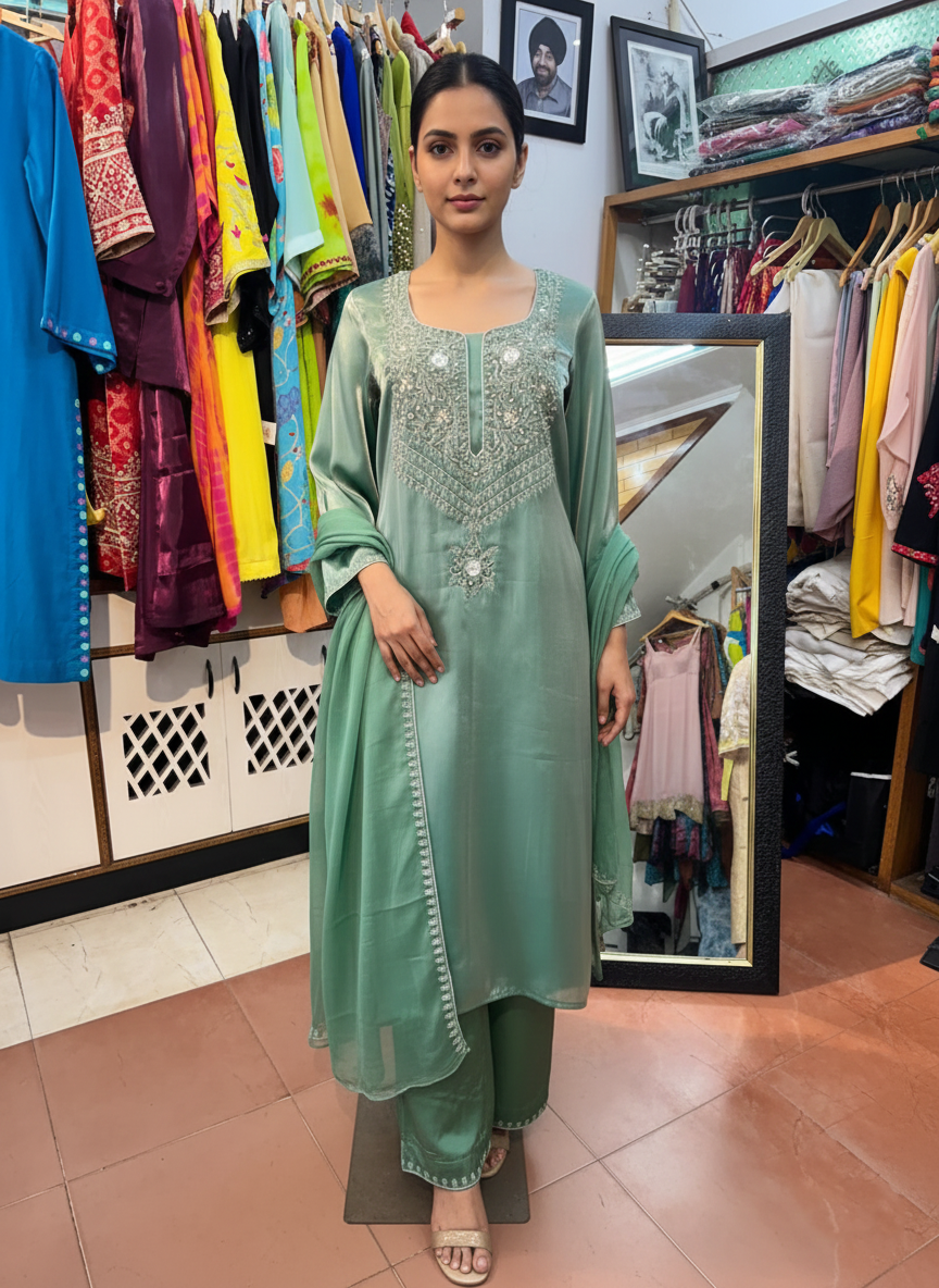 Sheer Tissue Suit Featuring Detailed Dori Work Embellishment