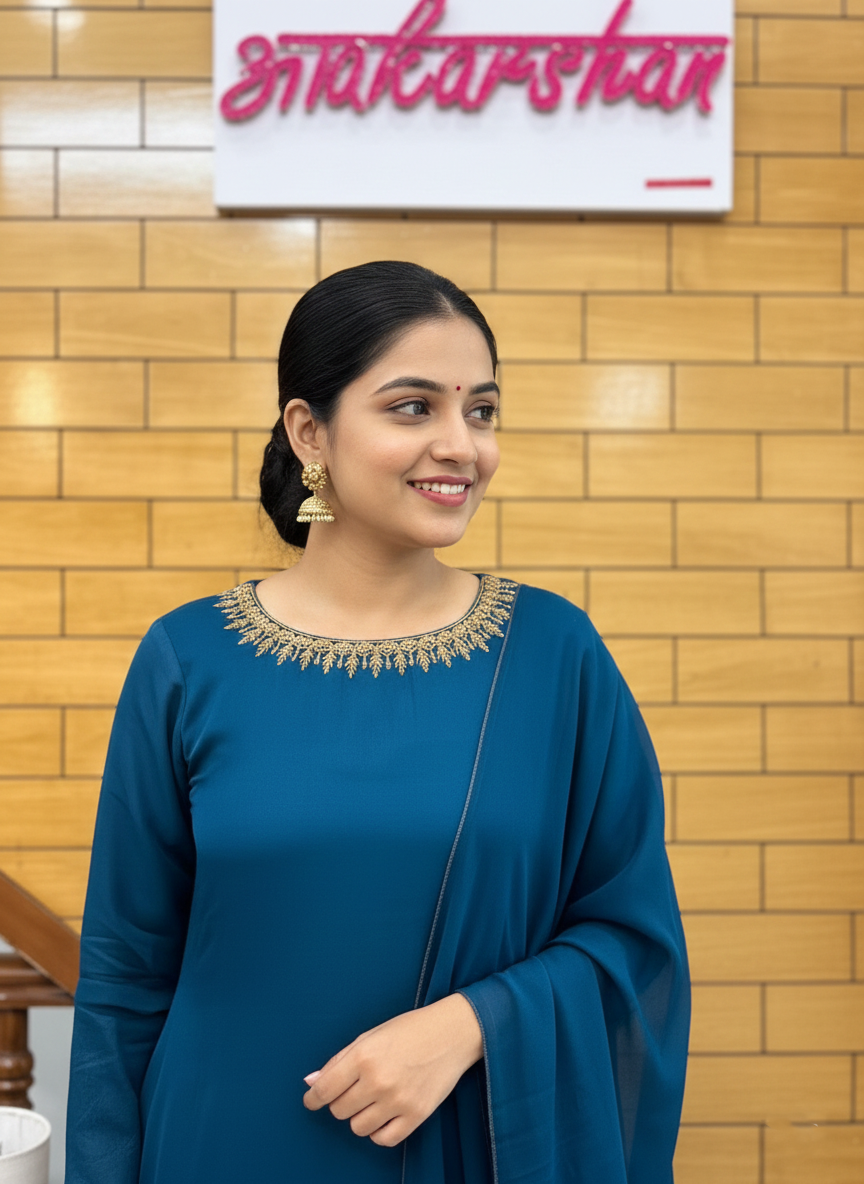 The Elegant Crepe Suit Set Featuring Fine Aari Work