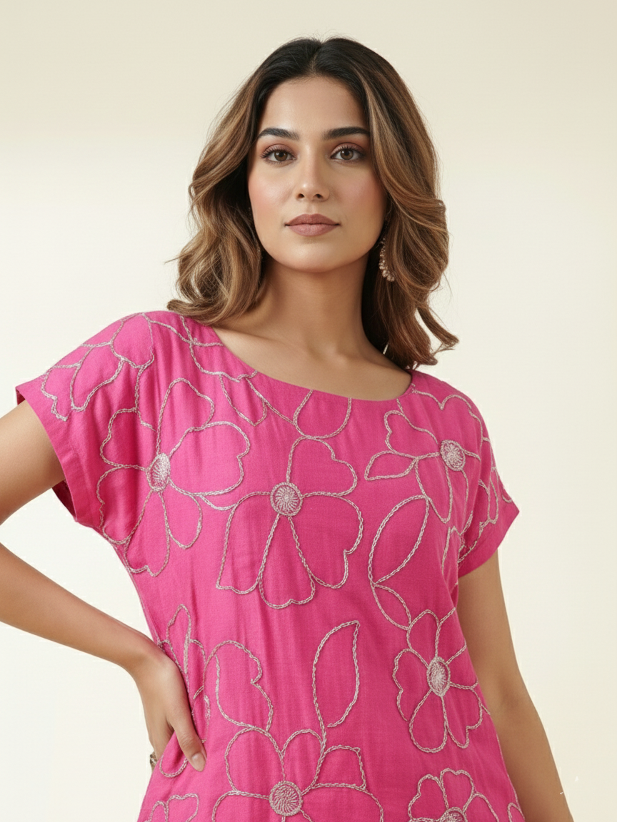 Luxe Pink Silk Kurta with Pearl & Cutdana Embroidery