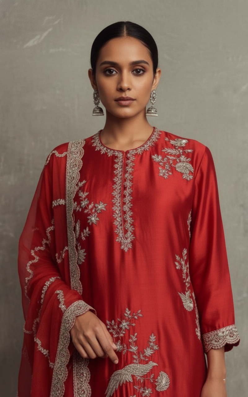 Satin Silk Suit with Churidaar and Zardozi Work