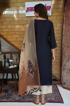 Midnight Blue Embroidered Kurta Set with Beige Organza Dupatta
