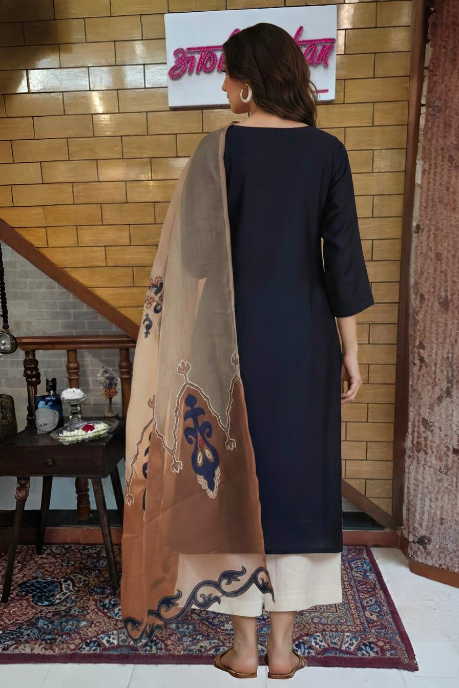 Midnight Blue Embroidered Kurta Set with Beige Organza Dupatta