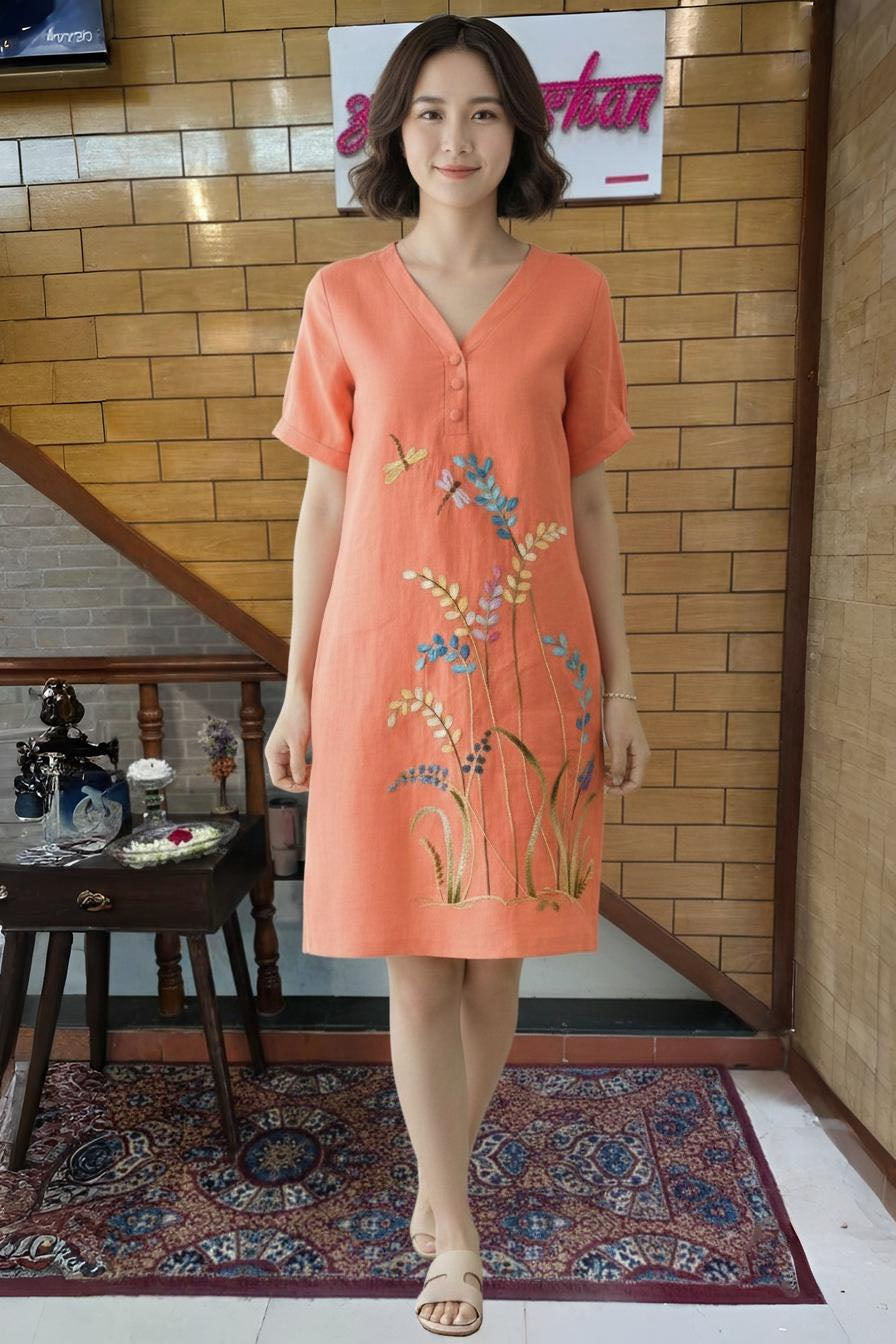 Coral Blossom Embroidered Shift Dress