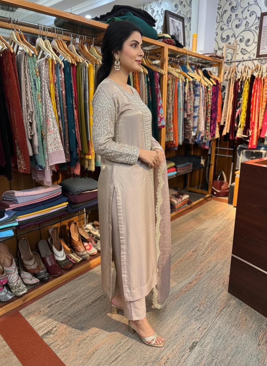 Luxury Tissue Organza Kurta with Handcrafted Sequin & Zari Work