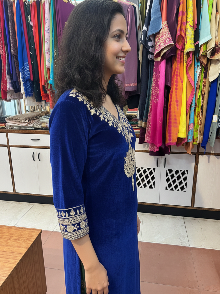 Luxurious Velvet Ensemble Featuring Traditional Aari Detailing