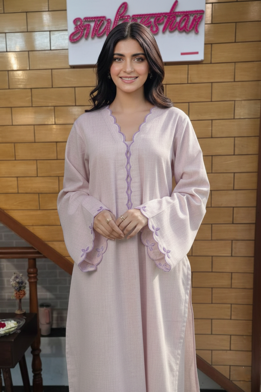 Blush Pink Scalloped Kurta Set with Embroidered Bell Sleeves & Straight Pants