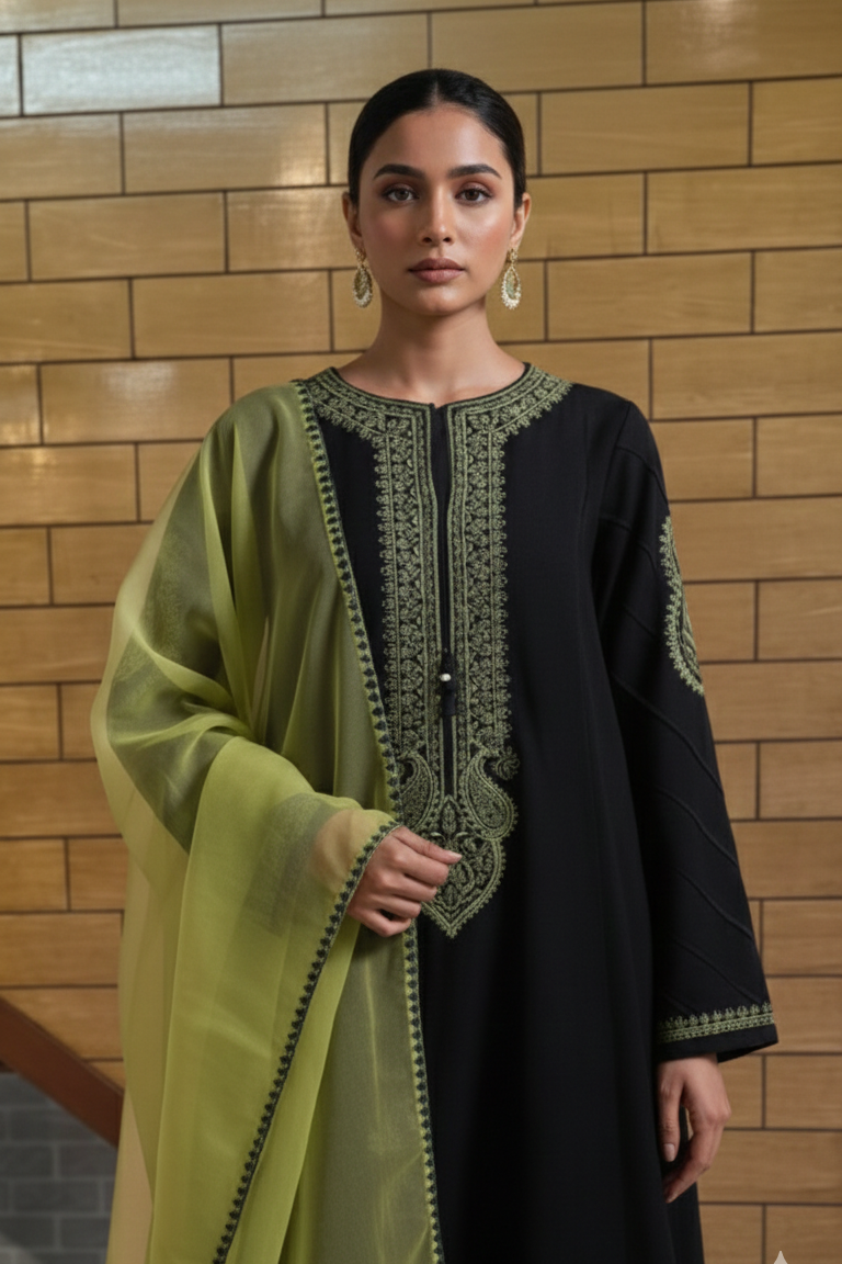 Black Embroidered Kurta Set with Lime Green Organza Dupatta & Paisley Detailing