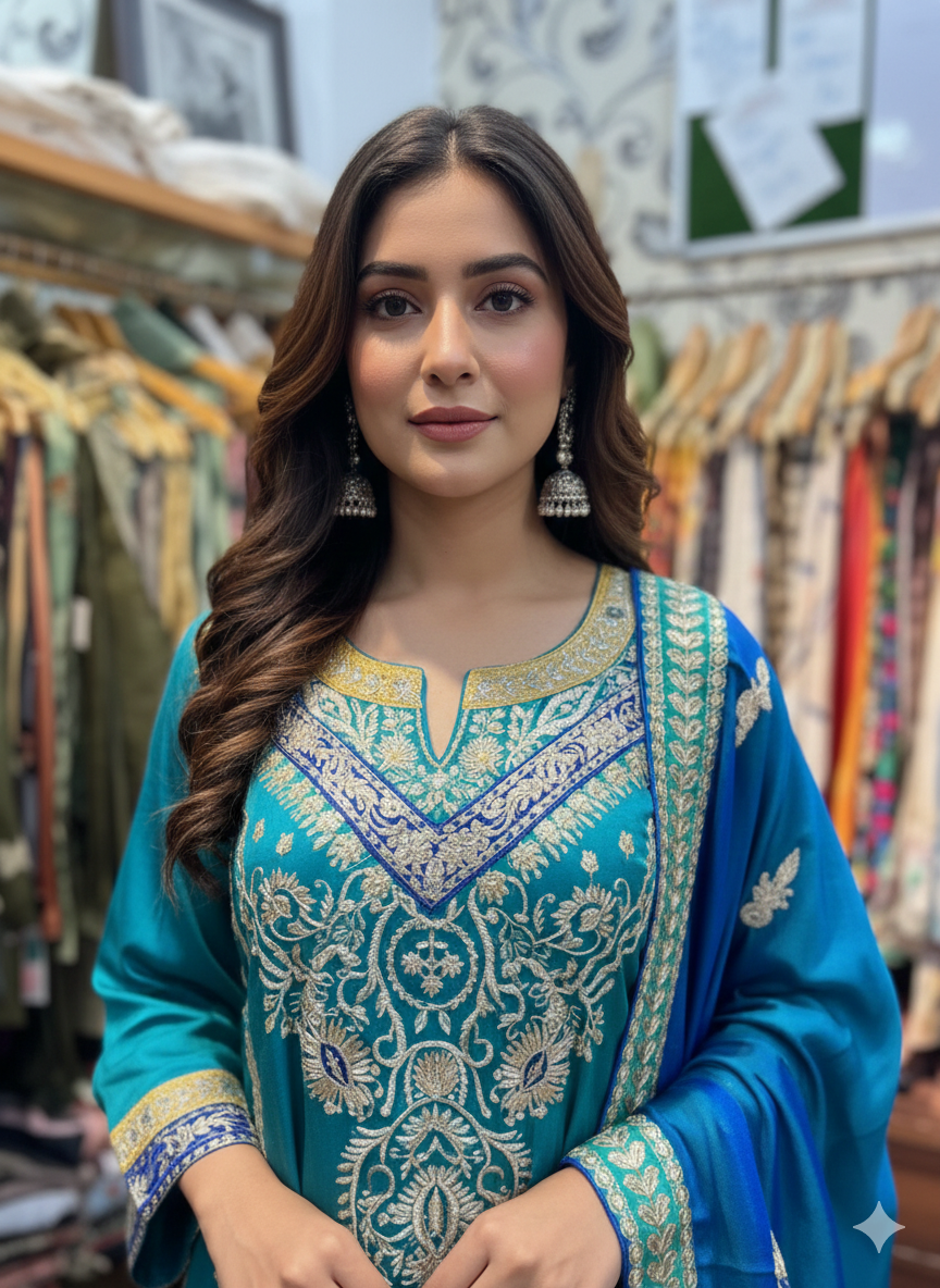 Designer Crepe Pants Set Embellished with Fine Aari Work