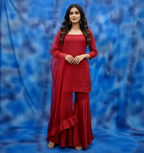 Red Georgette Embroidered Kurti & Sharara Set with Dupatta