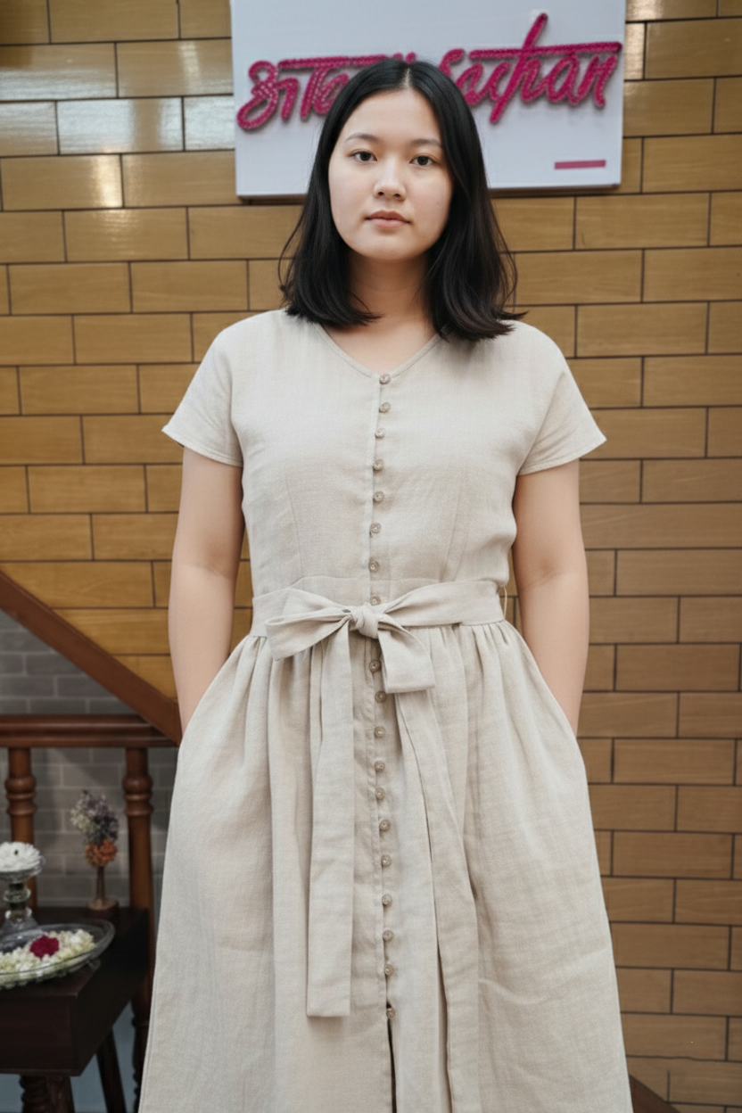 Beige Linen Blend Button-Down Midi Dress with Waist Tie Belt