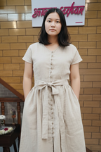 Beige Linen Blend Button-Down Midi Dress with Waist Tie Belt