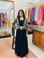 Statement Crepe Draped Skirt Suit with Shimmering Zari and Cutdana Detailing