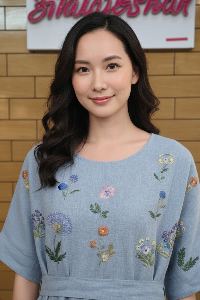 Sky Blue Floral Embroidered A-Line Midi Dress