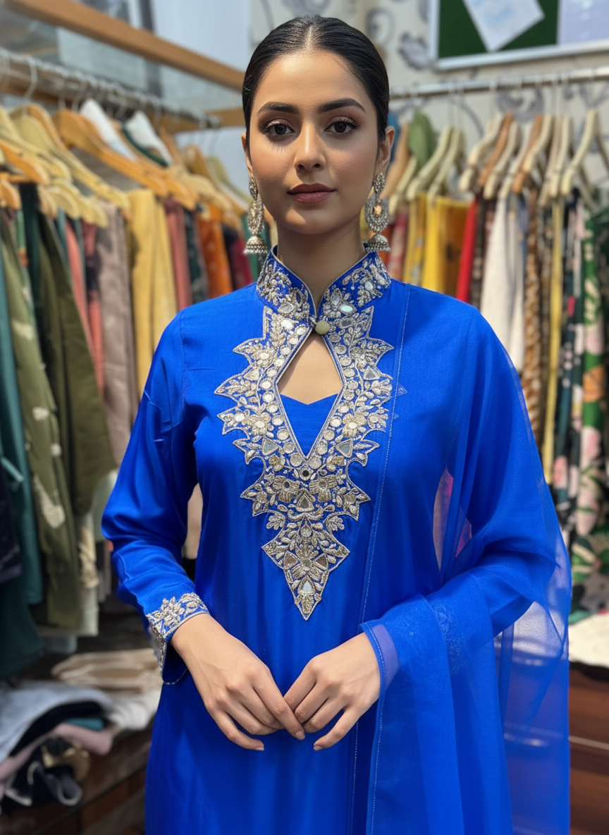 Silk Pant Suit with Elegant Mirror Work