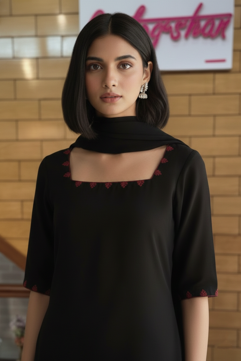 Black Kurta Set with Subtle Red Embroidery & Matching Dupatta