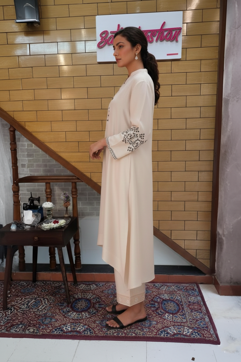 Beige High-Low Kurta Set with Embroidered Sleeves & Straight Pants