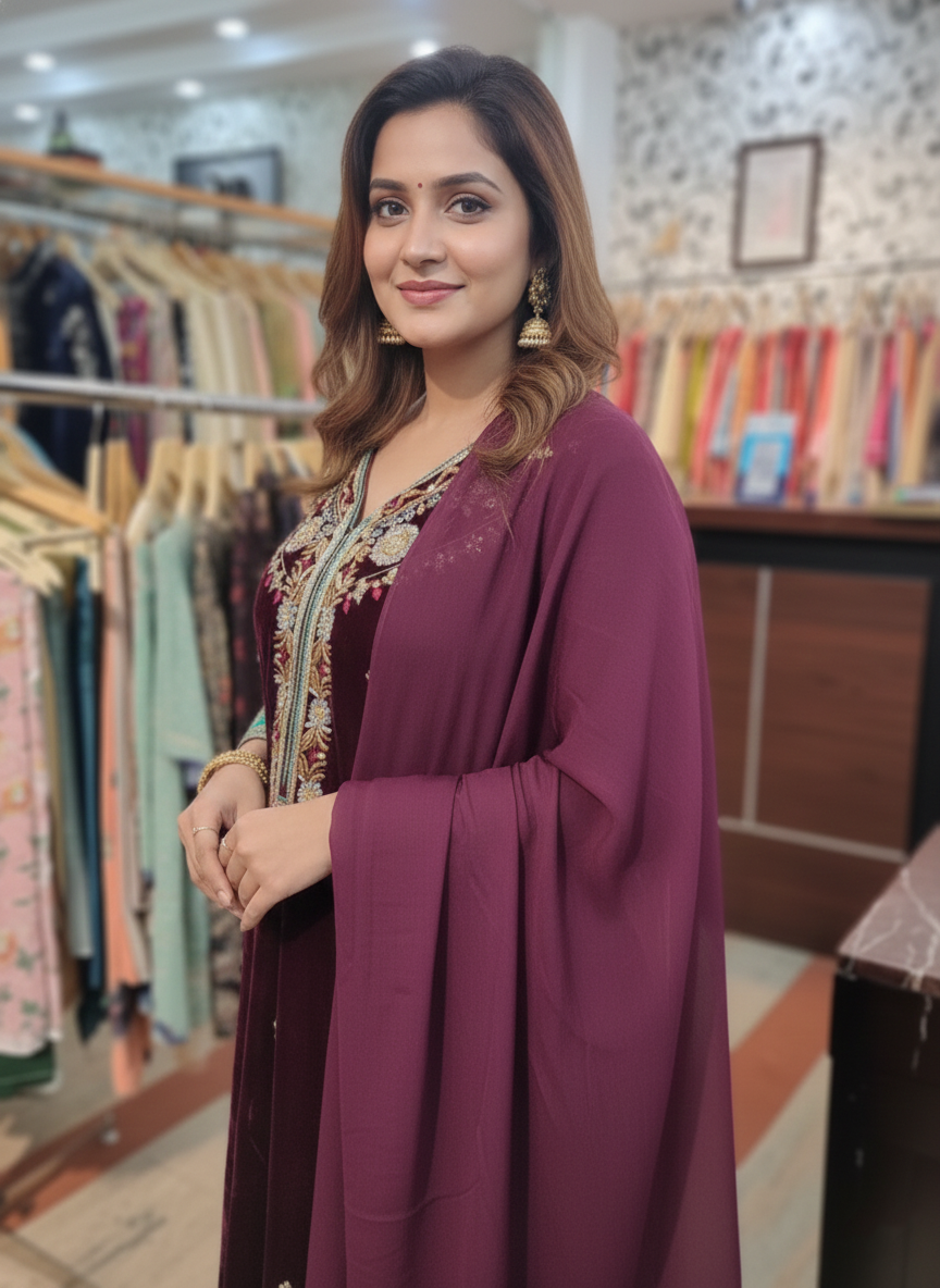 Silk Velvet Suit with Organza Dupatta and Zardozi Embroidery