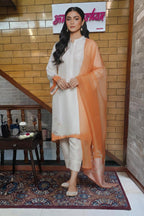 Ivory Embroidered Kurta Set with Peach Organza Dupatta & Lace Detailing