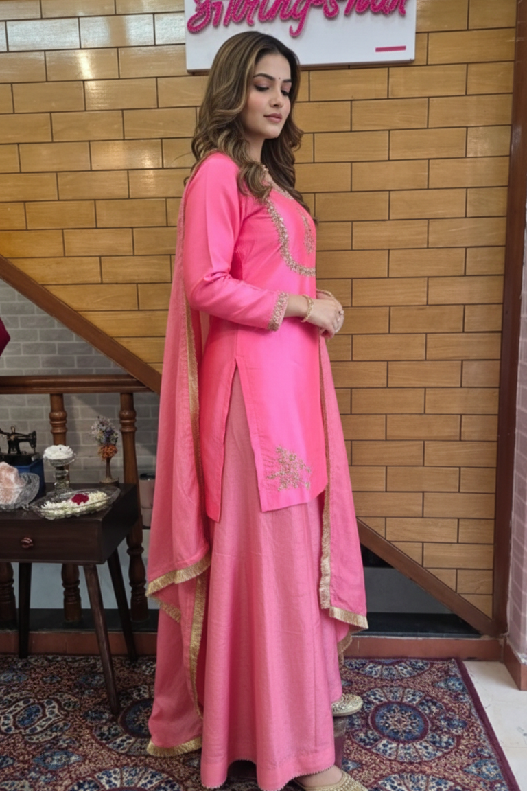 Pink Silk Kurta Set with Gold Embroidery & Dupatta