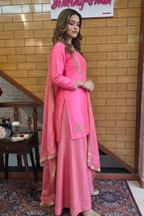 Pink Silk Kurta Set with Gold Embroidery & Dupatta