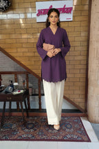 Deep Purple Scalloped Kurta with Ivory Straight Pants Set