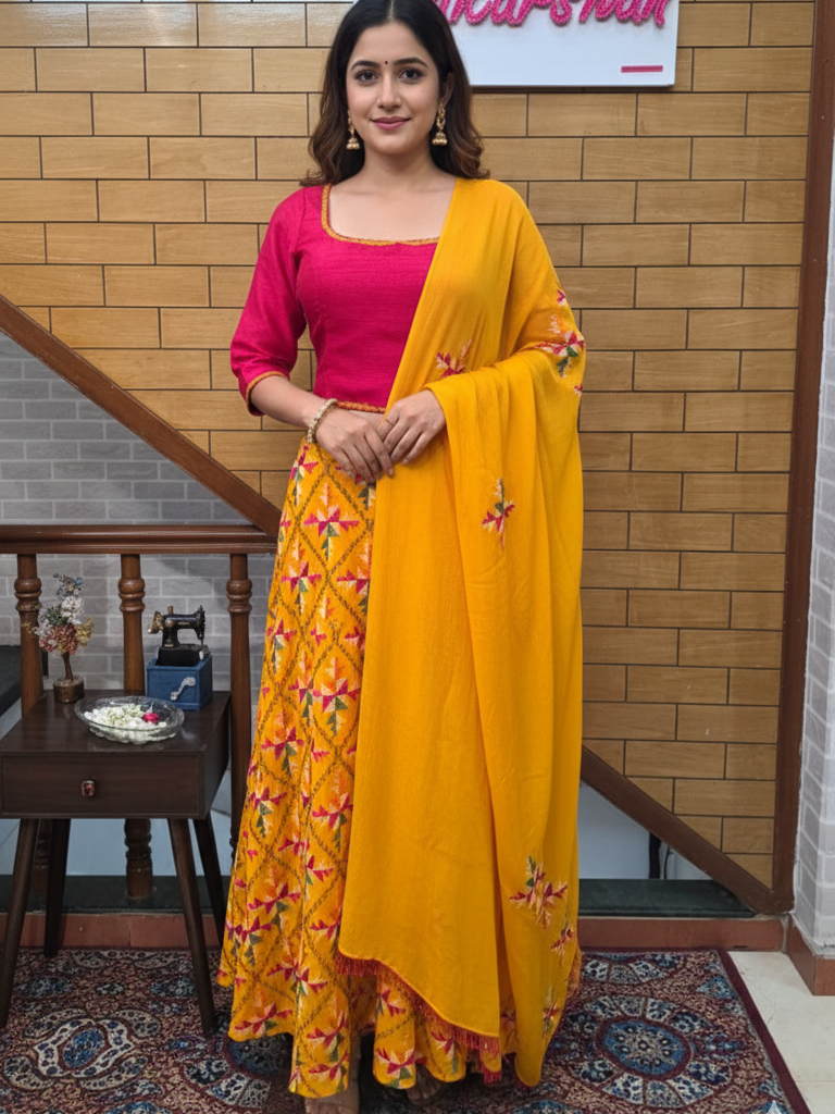 Phulkari Embroidered Skirt, Corset, and Dupatta Set