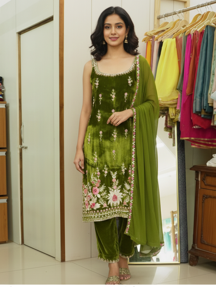 Regal Silk Velvet Patiala Suit with Resham and Bead Handwork