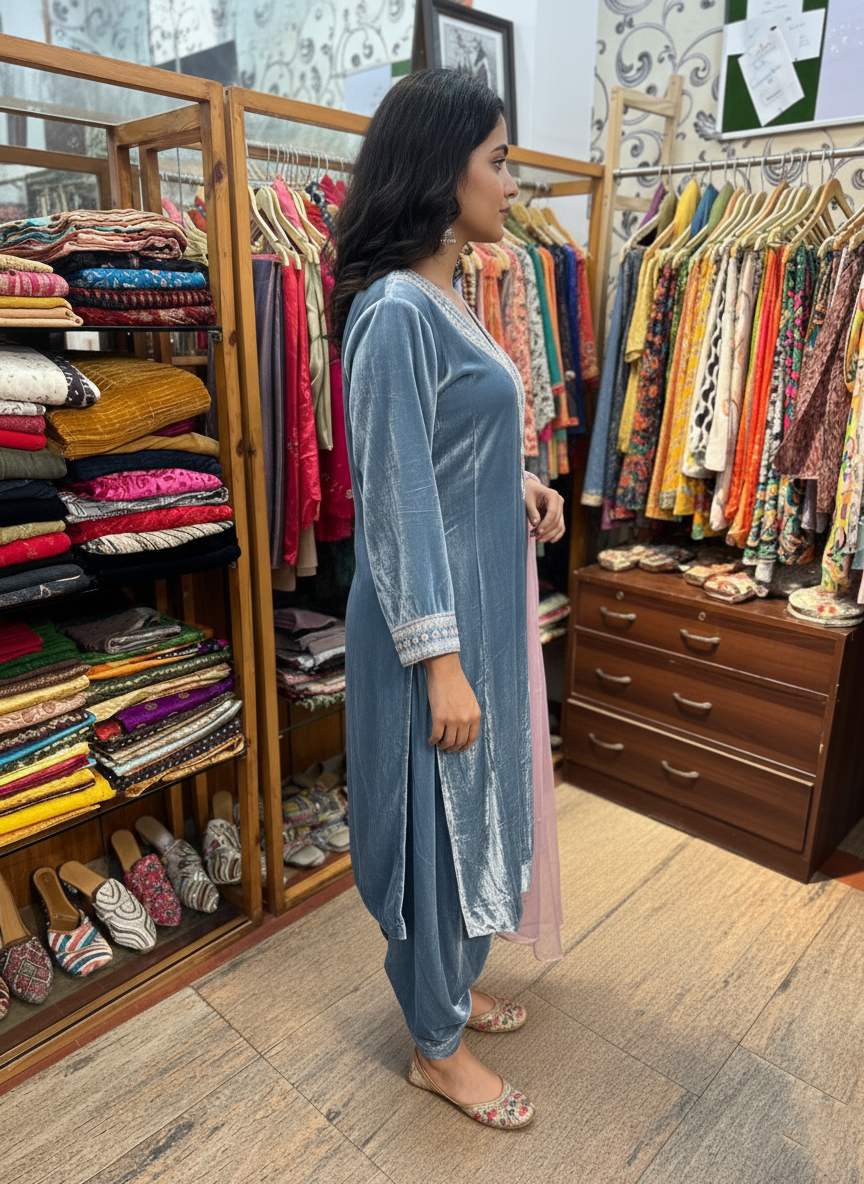 Silk Velvet Pakistani Suit: Zardozi and Resham Work with Organza Dupatta