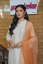 Ivory Embroidered Kurta Set with Peach Organza Dupatta & Lace Detailing