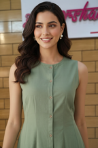 Olive Green Sleeveless Button-Down A-Line Midi Dress