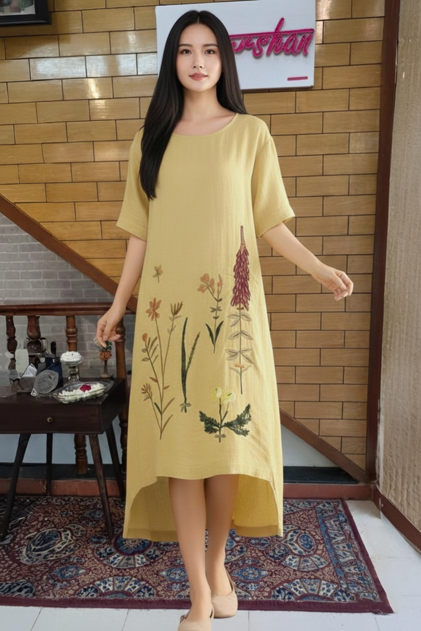 Mustard Meadow Embroidered Casual Midi Dress