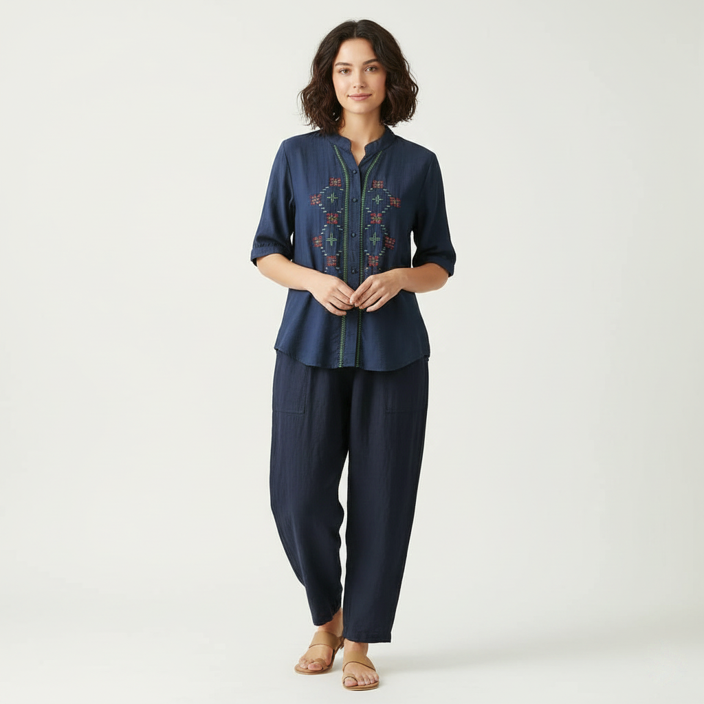 Relaxed-Fit Cotton Top with Geometric Resham Work