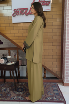 Olive Green Kurta Set with Black Lace Cuffs & Wide-Leg Palazzo Pants