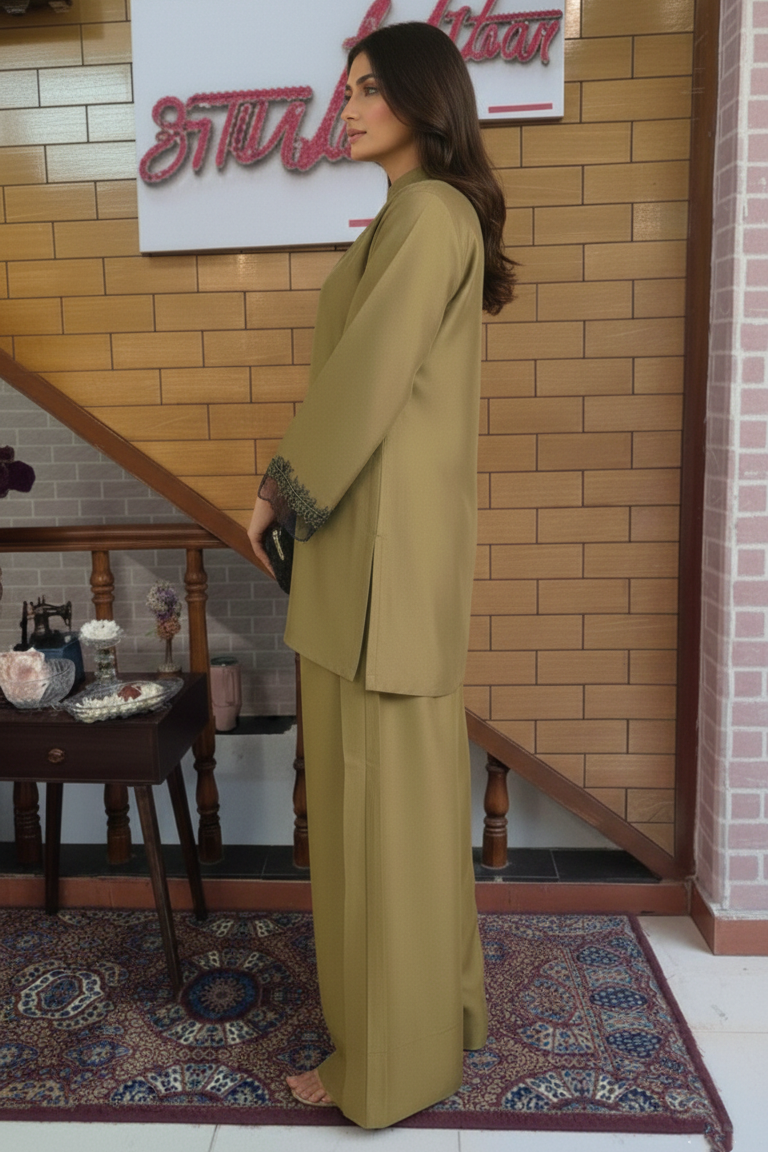 Olive Green Kurta Set with Black Lace Cuffs & Wide-Leg Palazzo Pants