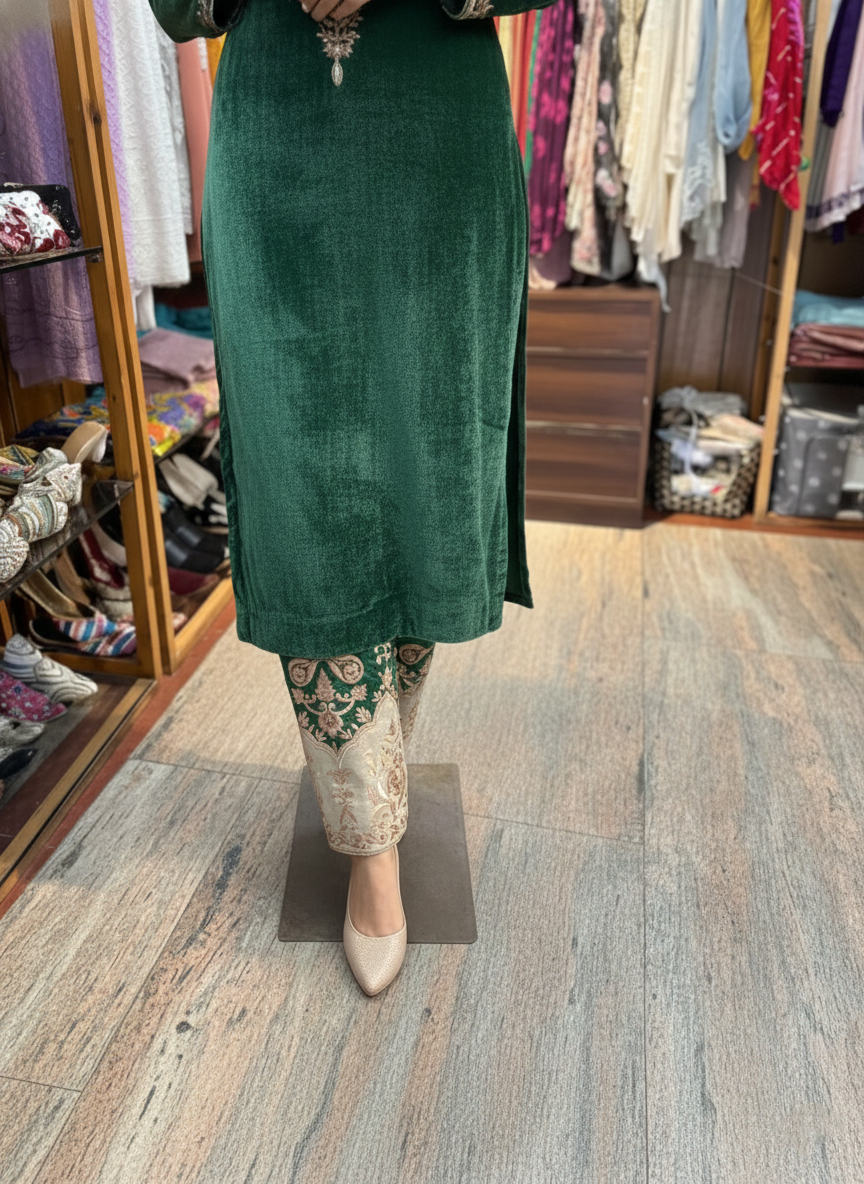 Emerald Silk Velvet Suit with Intricate Hand Zardozi Embroidery