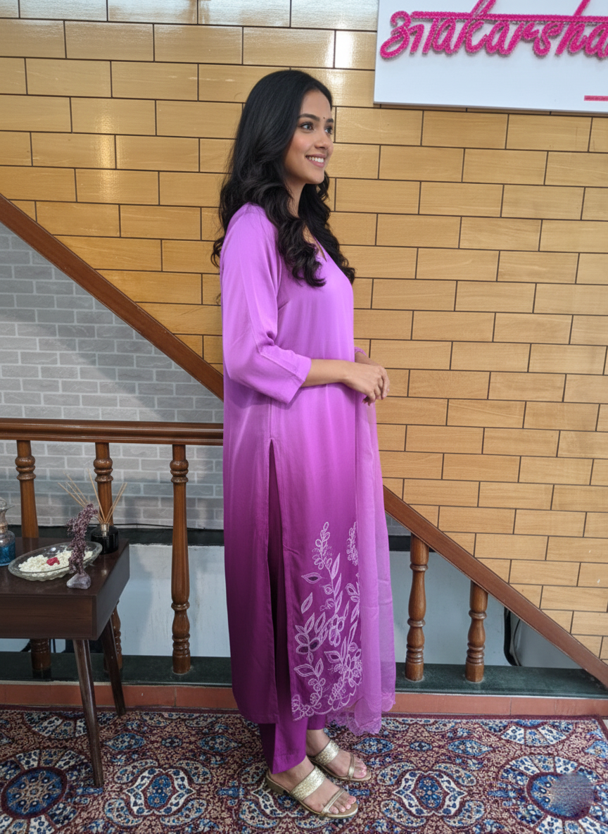 Handcrafted Ombre Modal Satin Suit with Cut Work