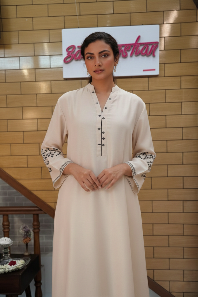 Beige High-Low Kurta Set with Embroidered Sleeves & Straight Pants