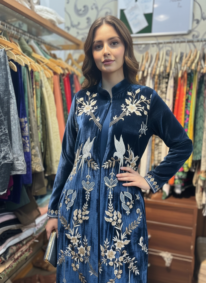 Velvet Jacket and Pants Set with Fine Resham Embroidery