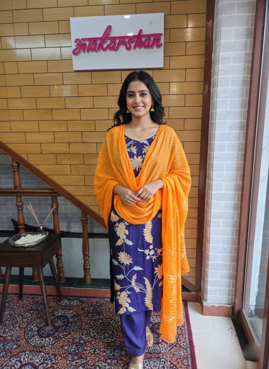 Silk suit with bandhani dupatta