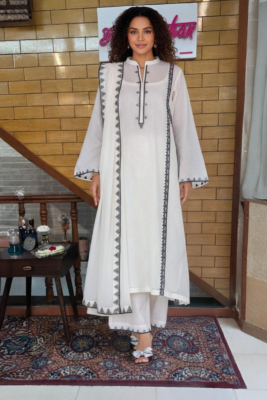 Cotton Kurta Set with Black Geometric Embroidered Panels
